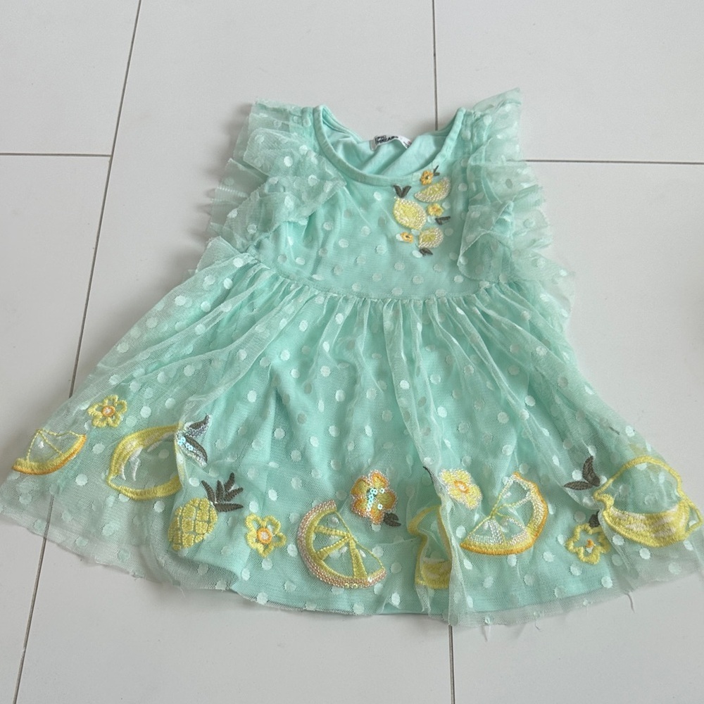 Epic Threads Aqua Dress with Fruit Embroidery 3T lemons